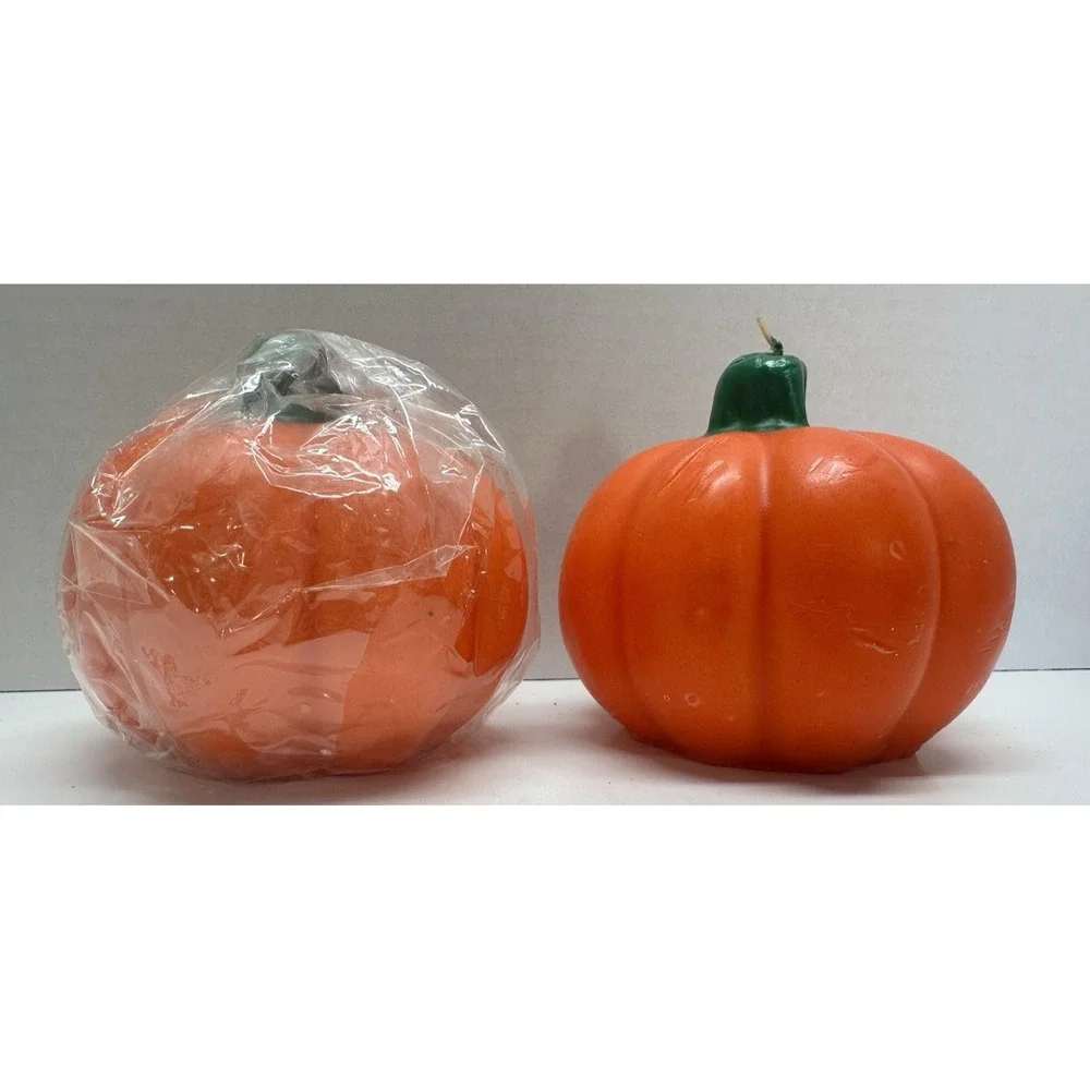 Pair Jack -O-Lantern Pumpkin Shaped Wax Halloween Candles NOS Orange
